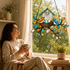 A woman sits in a cozy armchair by a sunlit window holding a mug, while a stained-glass-style hanging birdhouse with two birds, eggs, and leafy branches is displayed in front of the window.