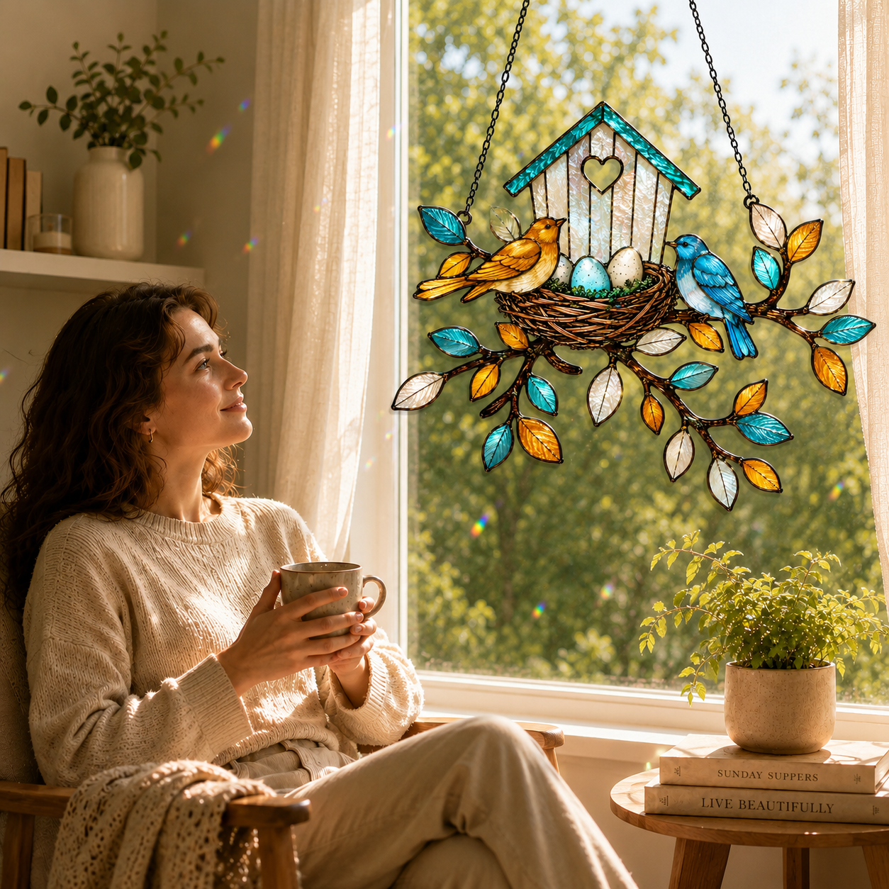 A woman sits in a cozy armchair by a sunlit window holding a mug, while a stained-glass-style hanging birdhouse with two birds, eggs, and leafy branches is displayed in front of the window.