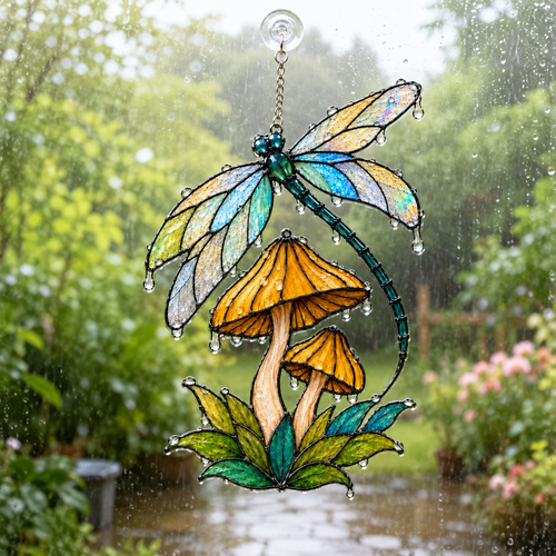 Dragonfly & Mushroom Holographic Acrylic Suncatcher