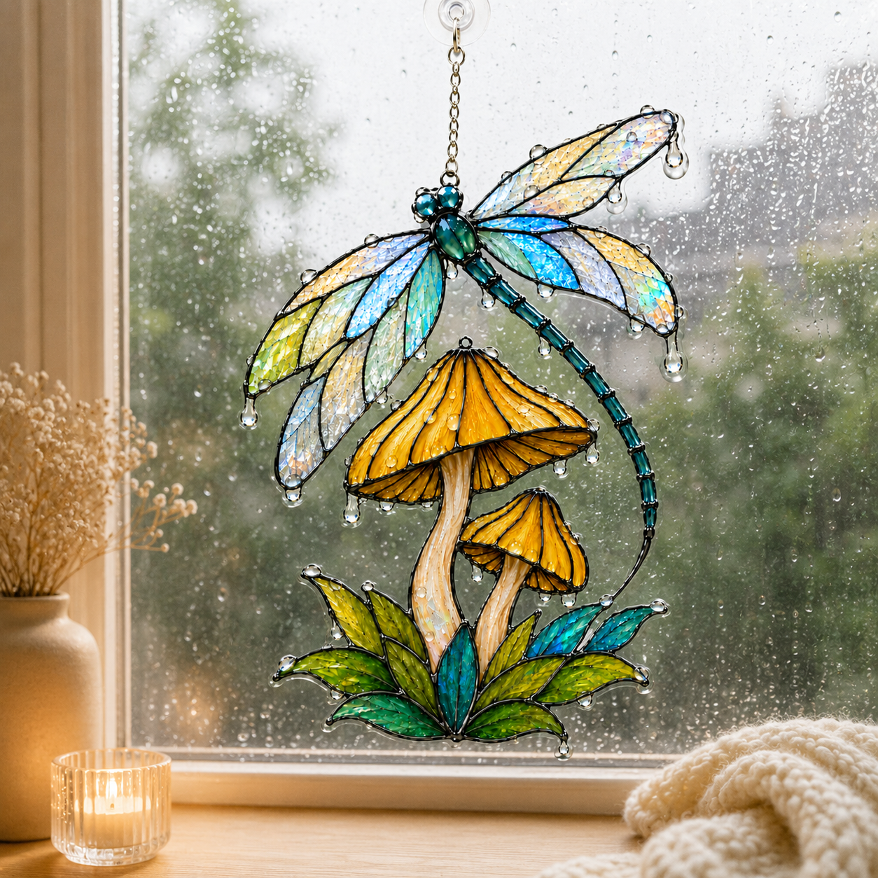 Dragonfly & Mushroom Holographic Acrylic Suncatcher
