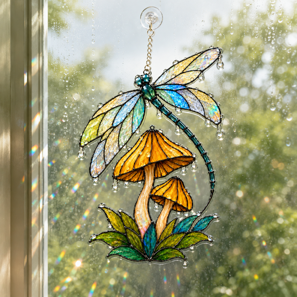 Dragonfly & Mushroom Holographic Acrylic Suncatcher