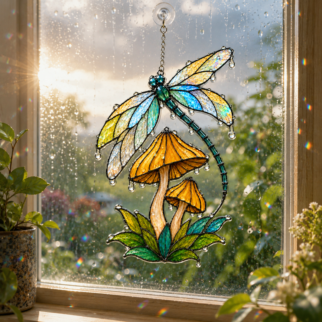 Dragonfly & Mushroom Holographic Acrylic Suncatcher