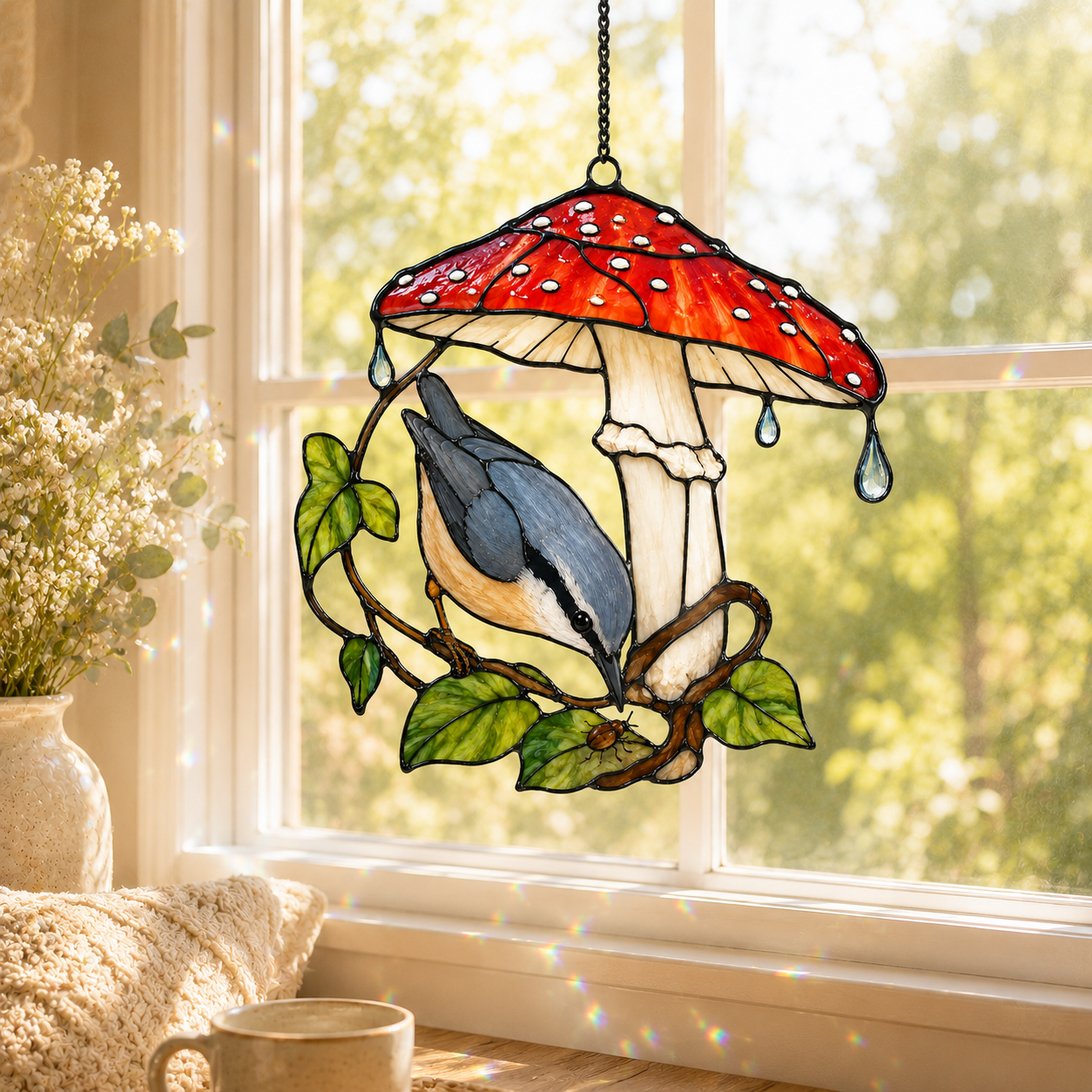 Nuthatch & Red Mushroom Umbrella Holographic Acrylic Suncatcher