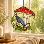 Nuthatch & Red Mushroom Umbrella Holographic Acrylic Suncatcher