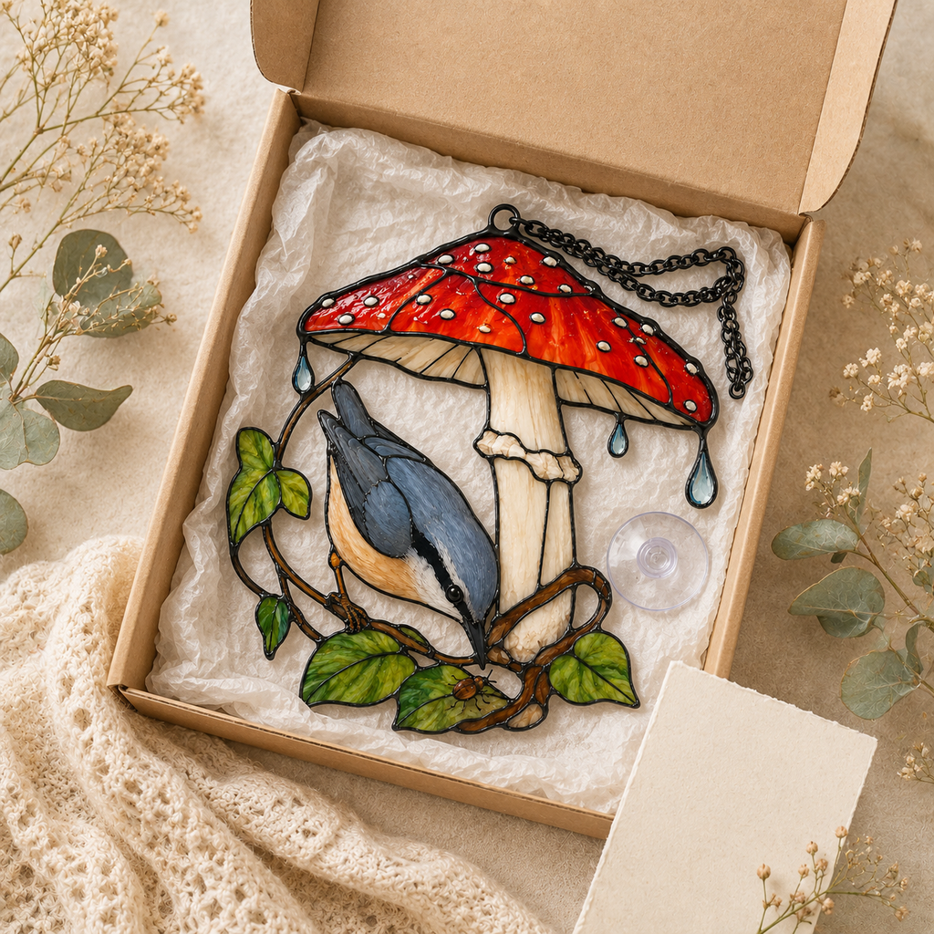 Nuthatch & Red Mushroom Umbrella Holographic Acrylic Suncatcher