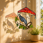 Nuthatch & Red Mushroom Umbrella Holographic Acrylic Suncatcher