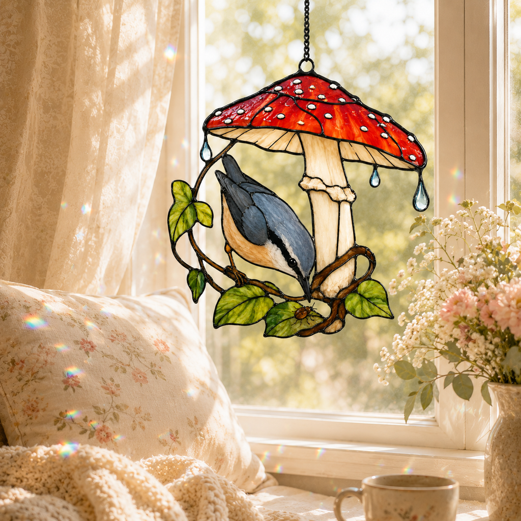 Nuthatch & Red Mushroom Umbrella Holographic Acrylic Suncatcher