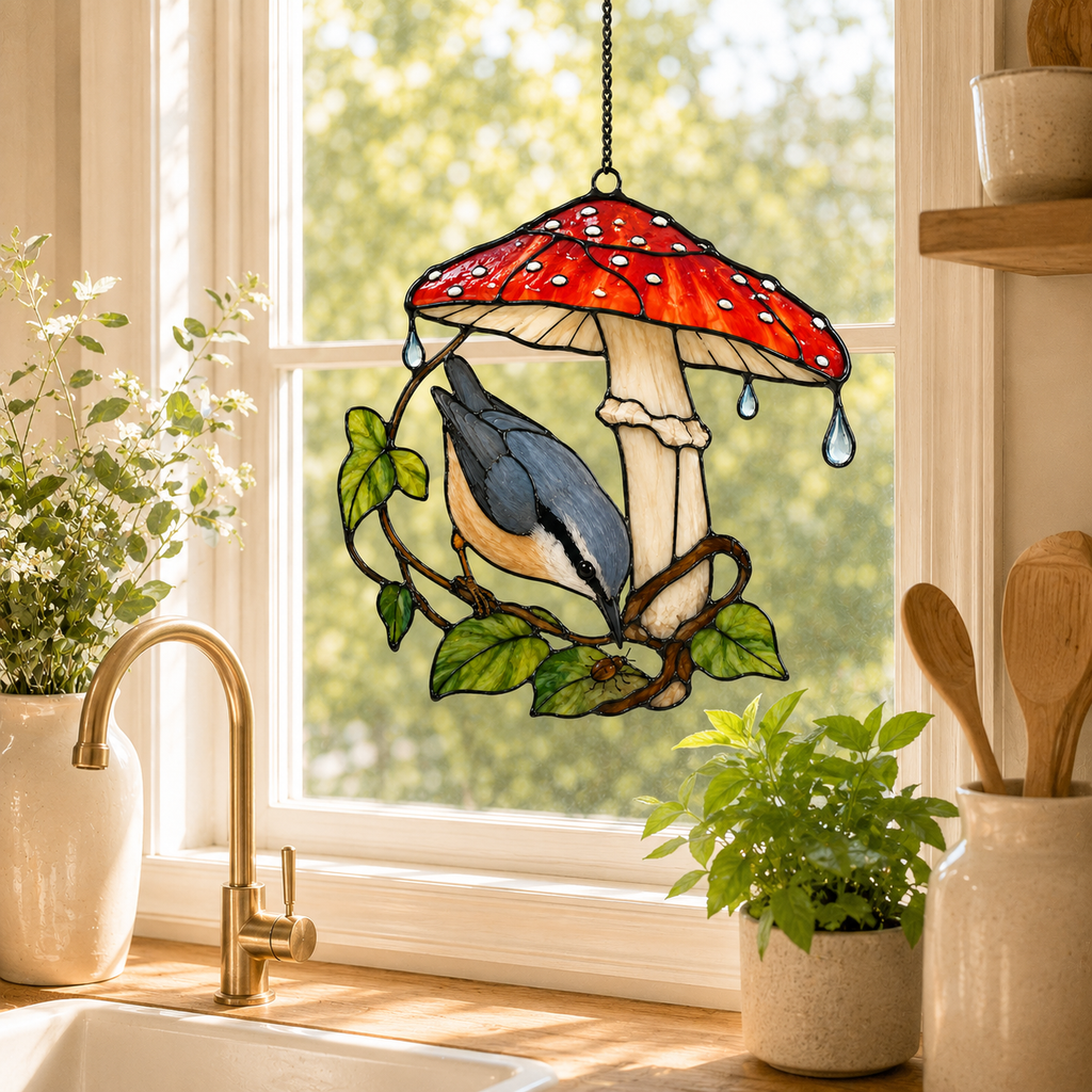 Nuthatch & Red Mushroom Umbrella Holographic Acrylic Suncatcher