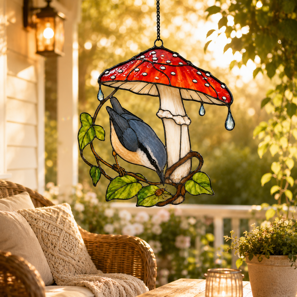 Nuthatch & Red Mushroom Umbrella Holographic Acrylic Suncatcher