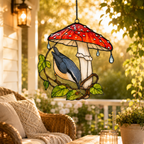 Nuthatch & Red Mushroom Umbrella Holographic Acrylic Suncatcher