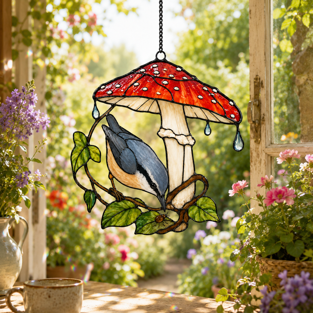 Nuthatch & Red Mushroom Umbrella Holographic Acrylic Suncatcher
