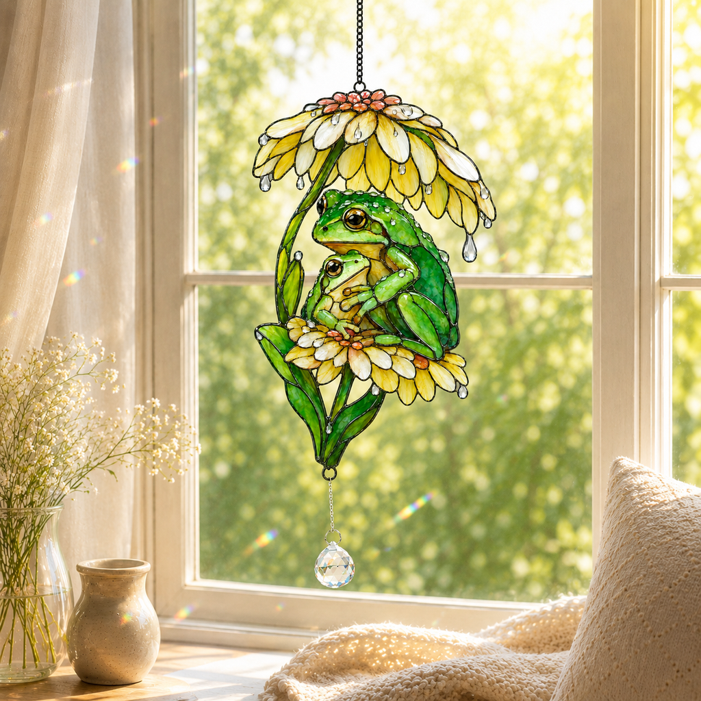 Frog Couple & Daisy Umbrella Holographic Acrylic Suncatcher
