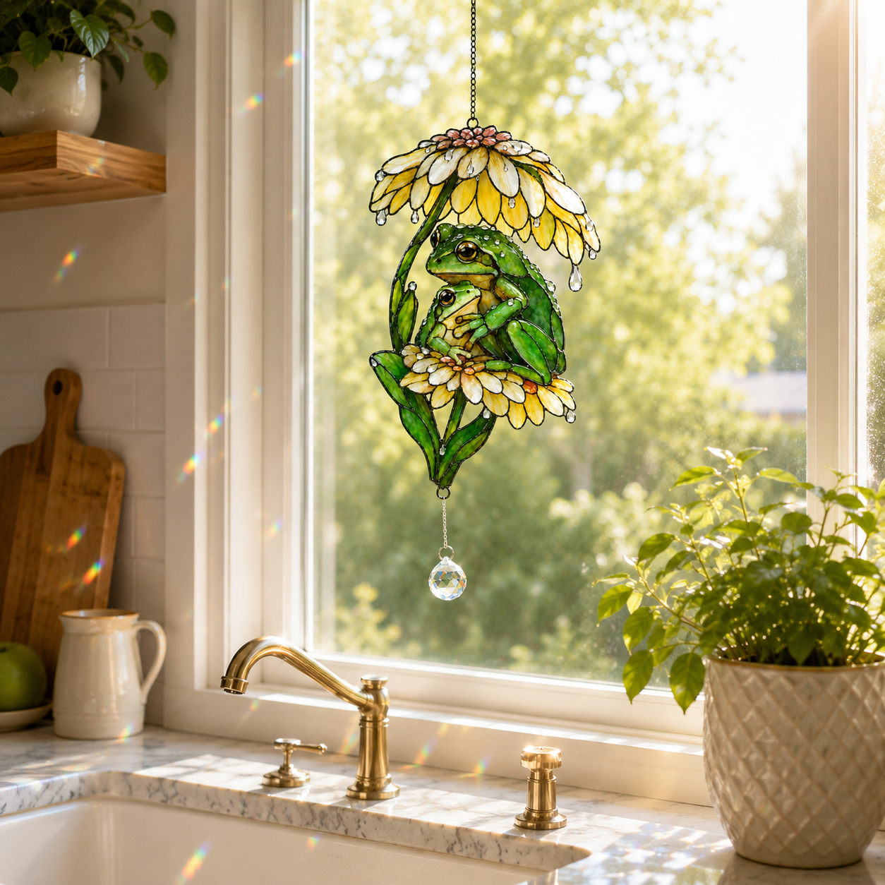 Frog Couple & Daisy Umbrella Holographic Acrylic Suncatcher