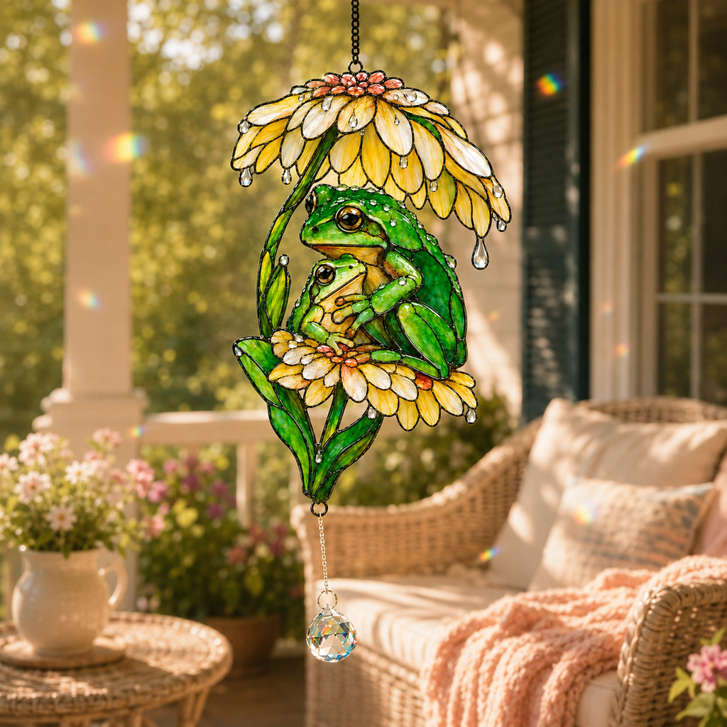Frog Couple & Daisy Umbrella Holographic Acrylic Suncatcher