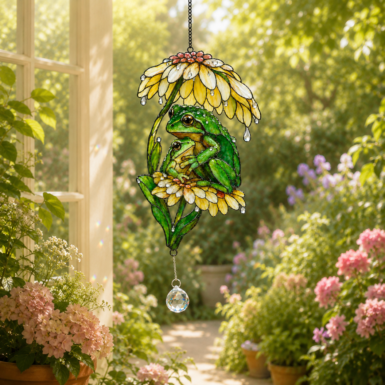 Frog Couple & Daisy Umbrella Holographic Acrylic Suncatcher