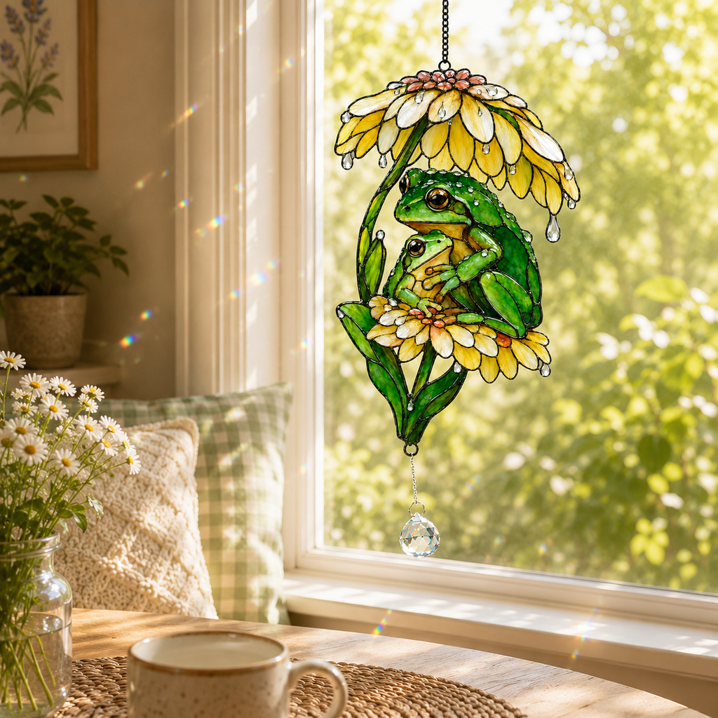 Frog Couple & Daisy Umbrella Holographic Acrylic Suncatcher