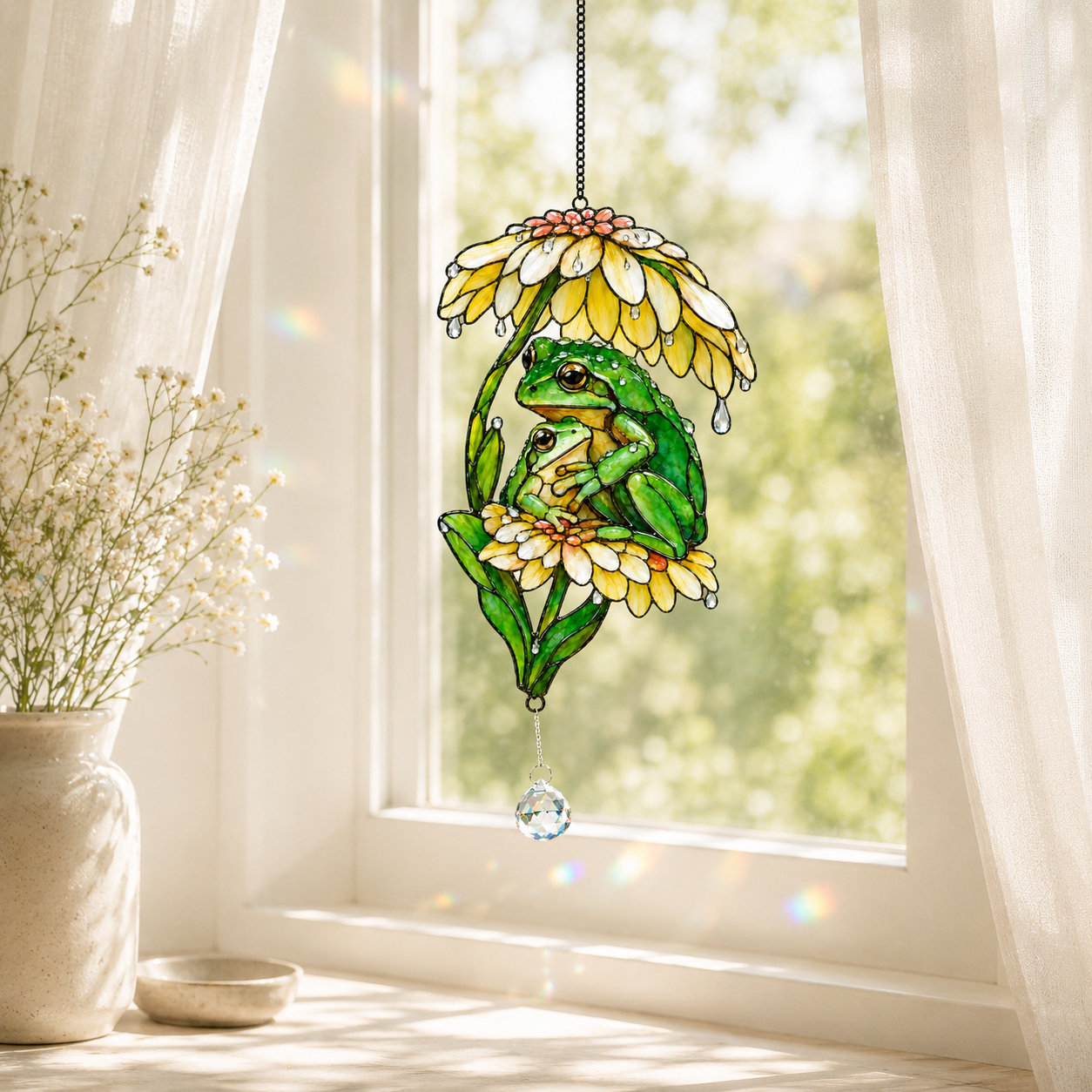 Frog Couple & Daisy Umbrella Holographic Acrylic Suncatcher
