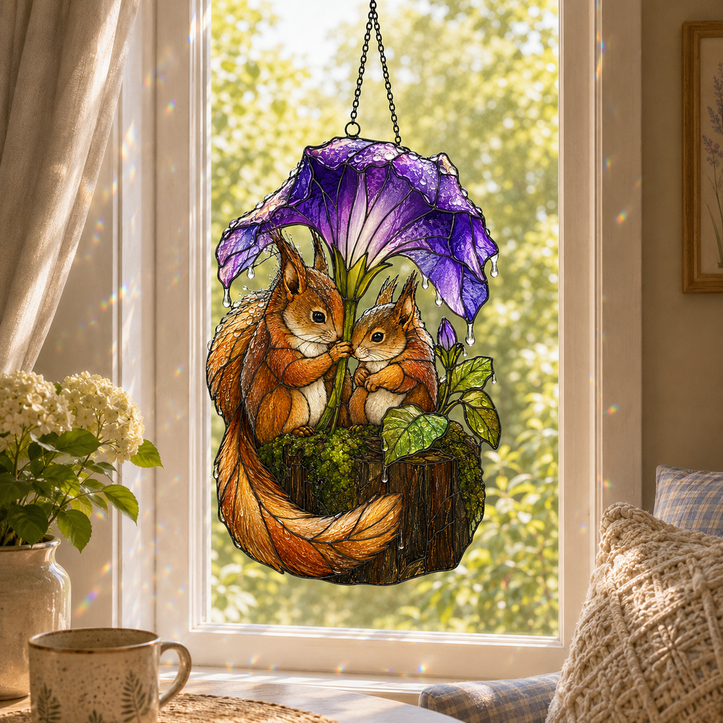 Squirrel Couple & Morning Glory Umbrella Holographic Acrylic Suncatcher