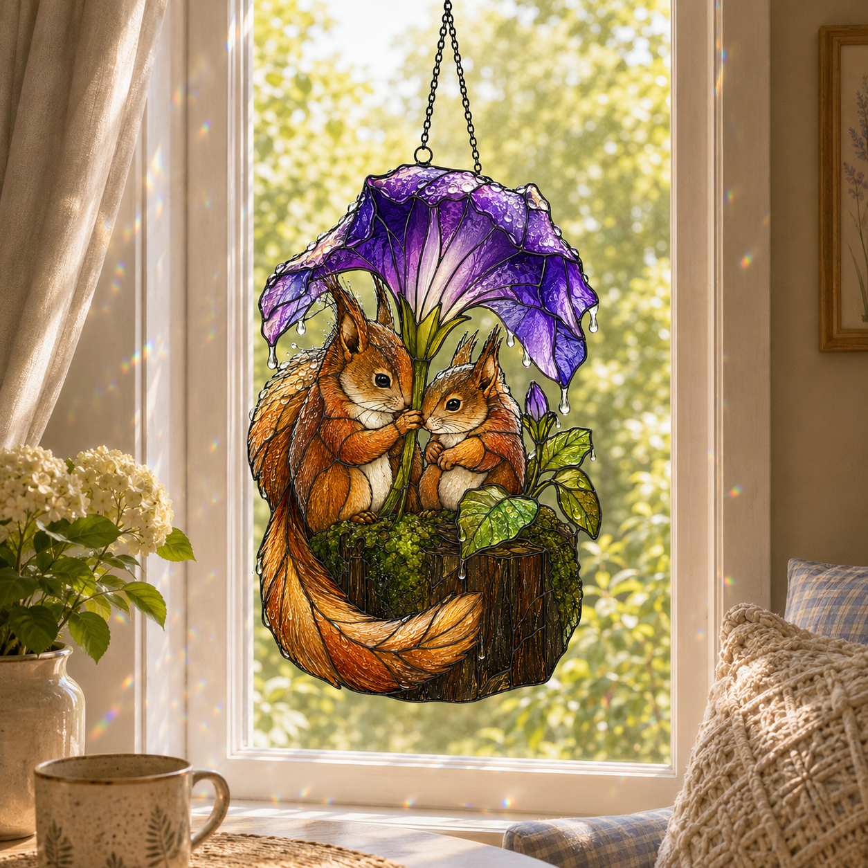 Squirrel Couple & Morning Glory Umbrella Holographic Acrylic Suncatcher