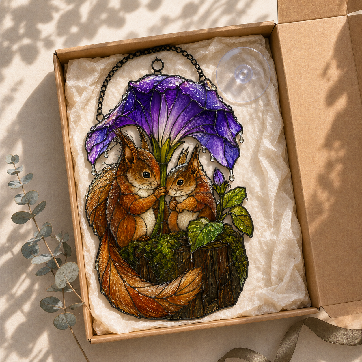 Squirrel Couple & Morning Glory Umbrella Holographic Acrylic Suncatcher