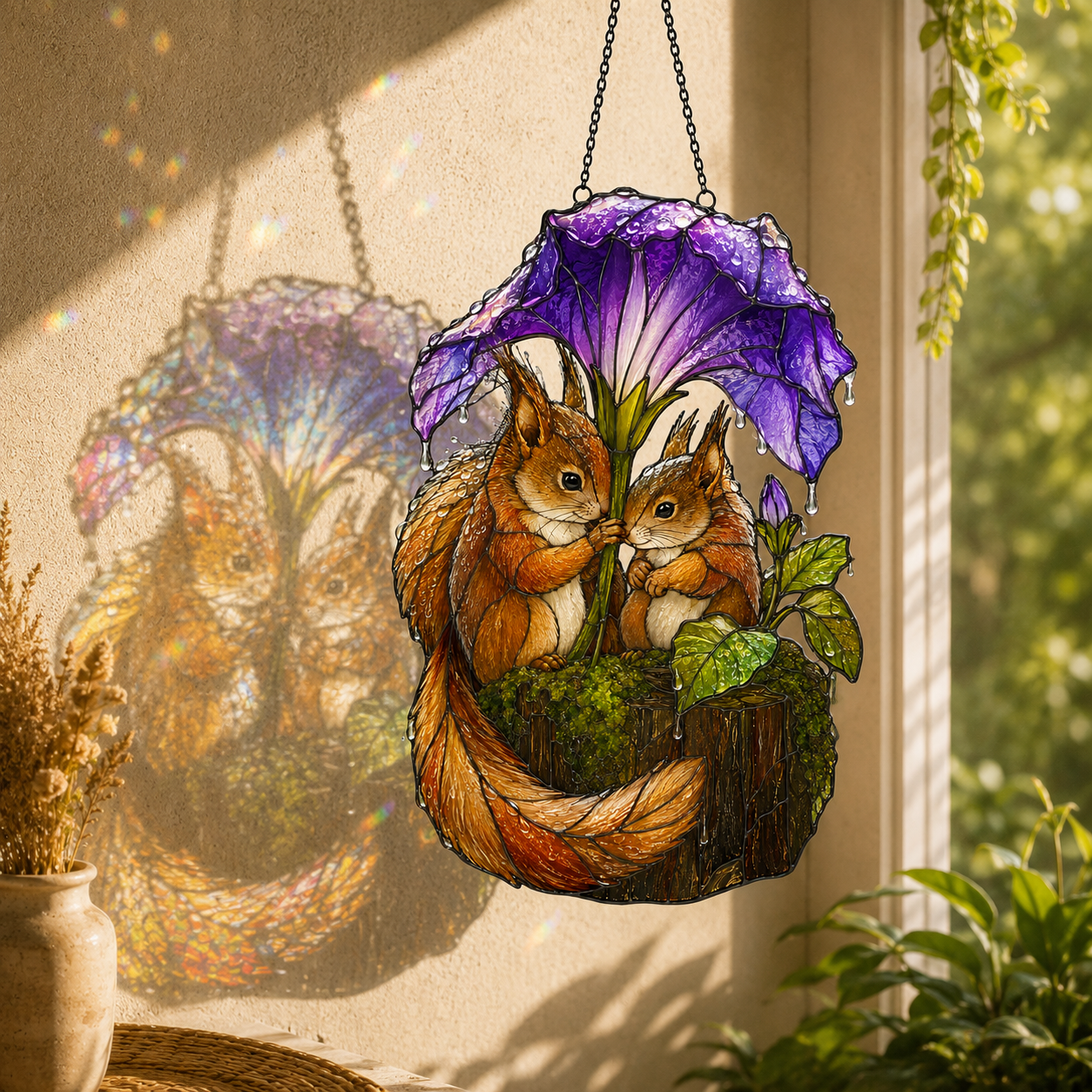 Squirrel Couple & Morning Glory Umbrella Holographic Acrylic Suncatcher