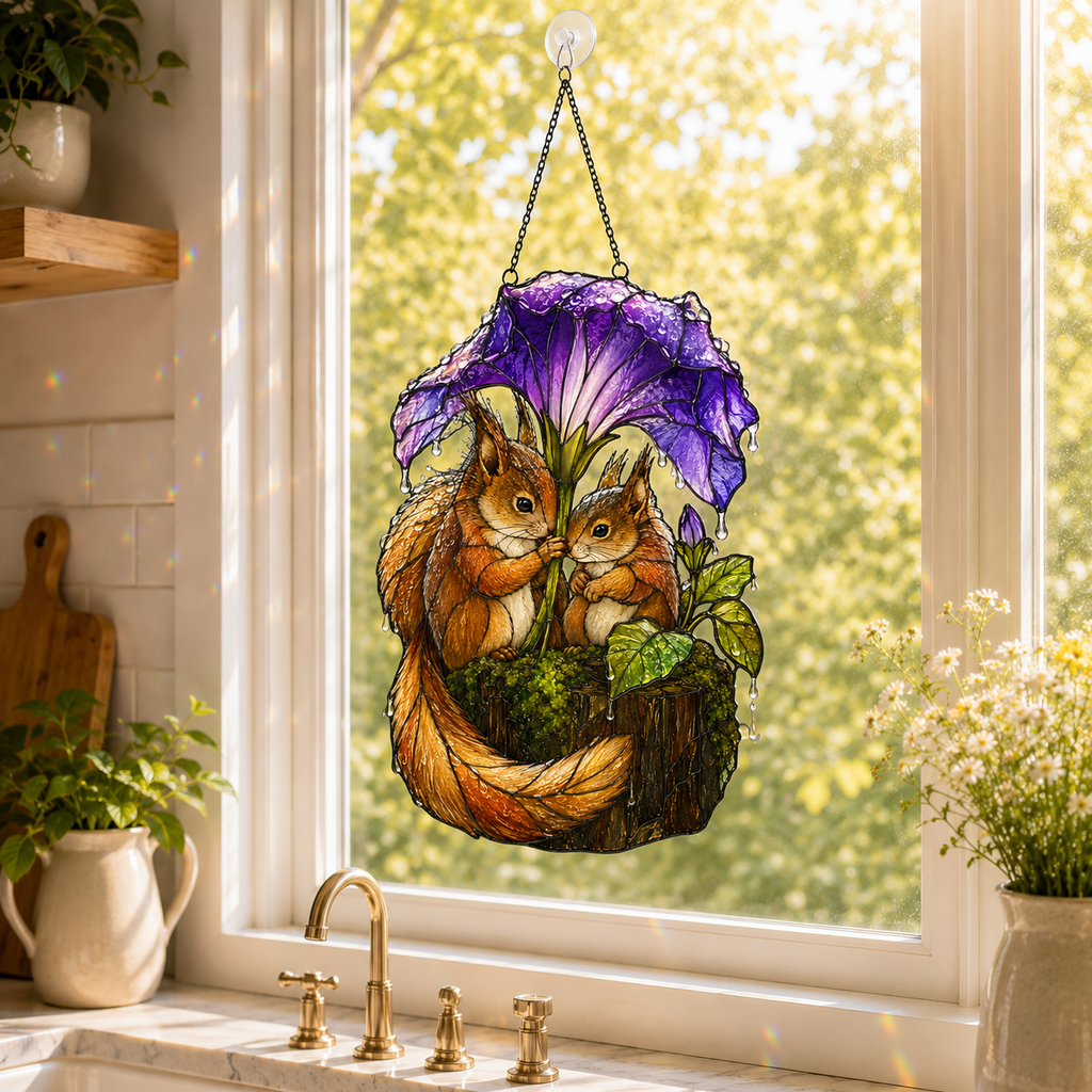 Squirrel Couple & Morning Glory Umbrella Holographic Acrylic Suncatcher