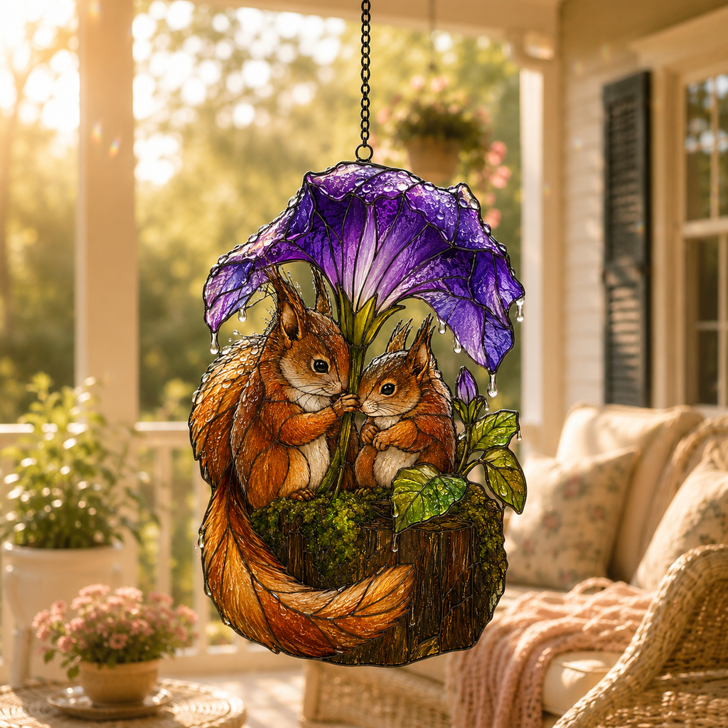 Squirrel Couple & Morning Glory Umbrella Holographic Acrylic Suncatcher