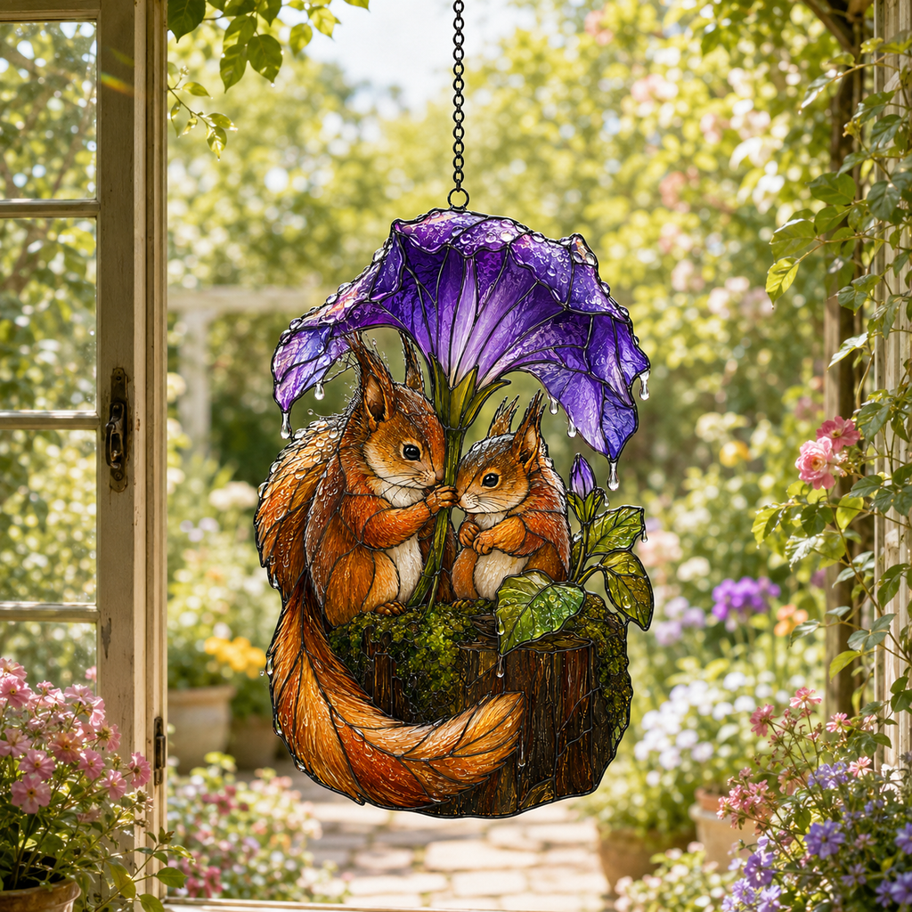 Squirrel Couple & Morning Glory Umbrella Holographic Acrylic Suncatcher
