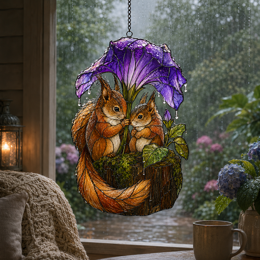 Squirrel Couple & Morning Glory Umbrella Holographic Acrylic Suncatcher