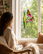 Monarch Butterfly & Coneflower Holographic Acrylic Suncatcher with Crystal
