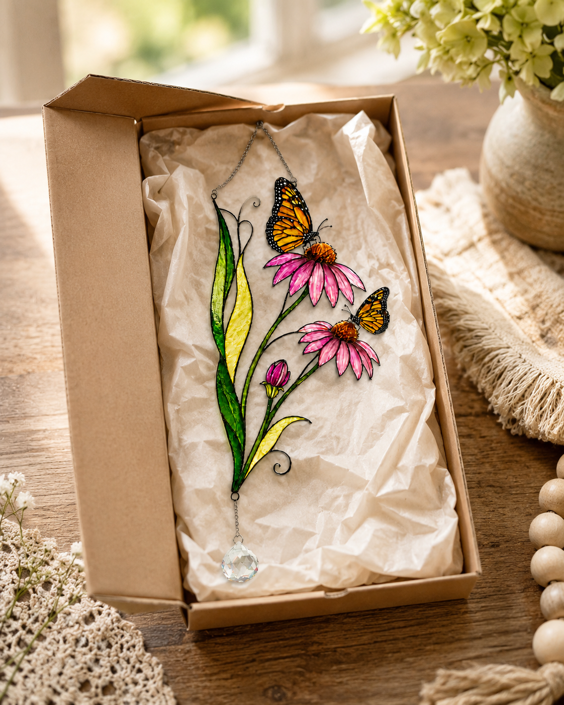 Monarch Butterfly & Coneflower Holographic Acrylic Suncatcher with Crystal