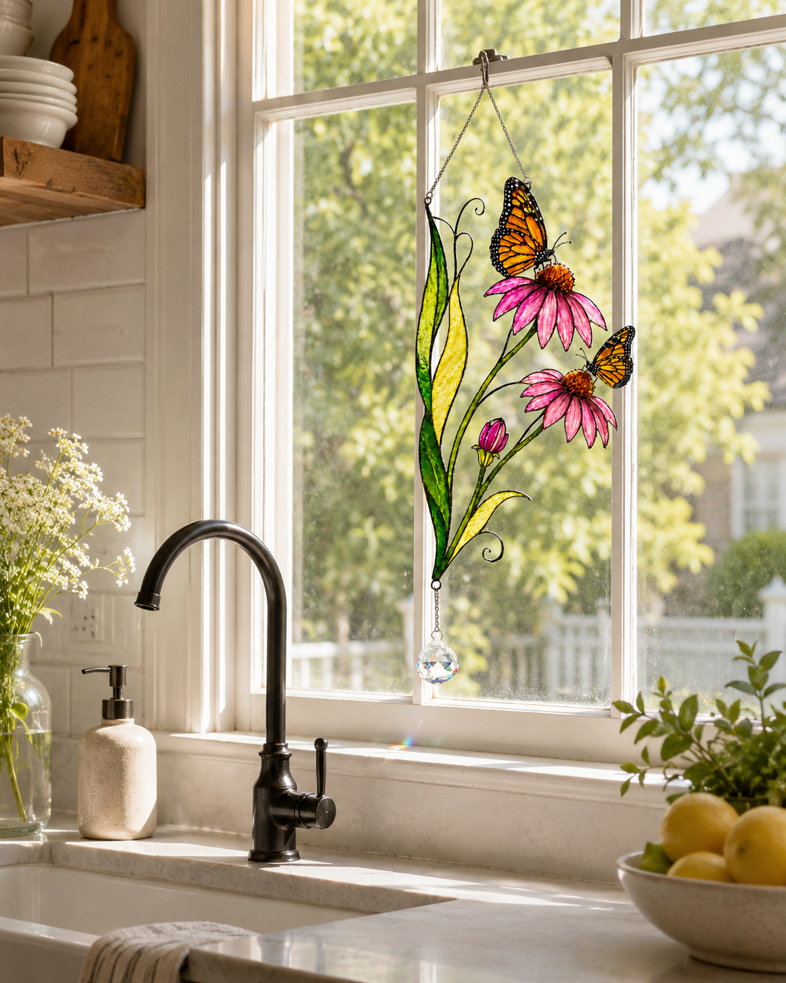 Monarch Butterfly & Coneflower Holographic Acrylic Suncatcher with Crystal