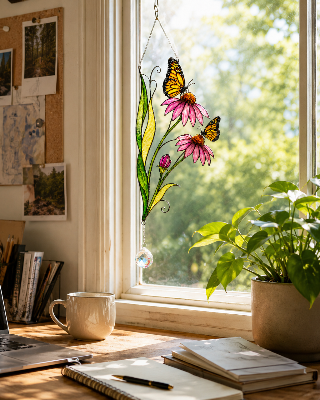 Monarch Butterfly & Coneflower Holographic Acrylic Suncatcher with Crystal