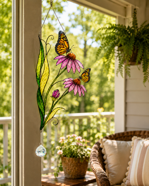 Monarch Butterfly & Coneflower Holographic Acrylic Suncatcher with Crystal