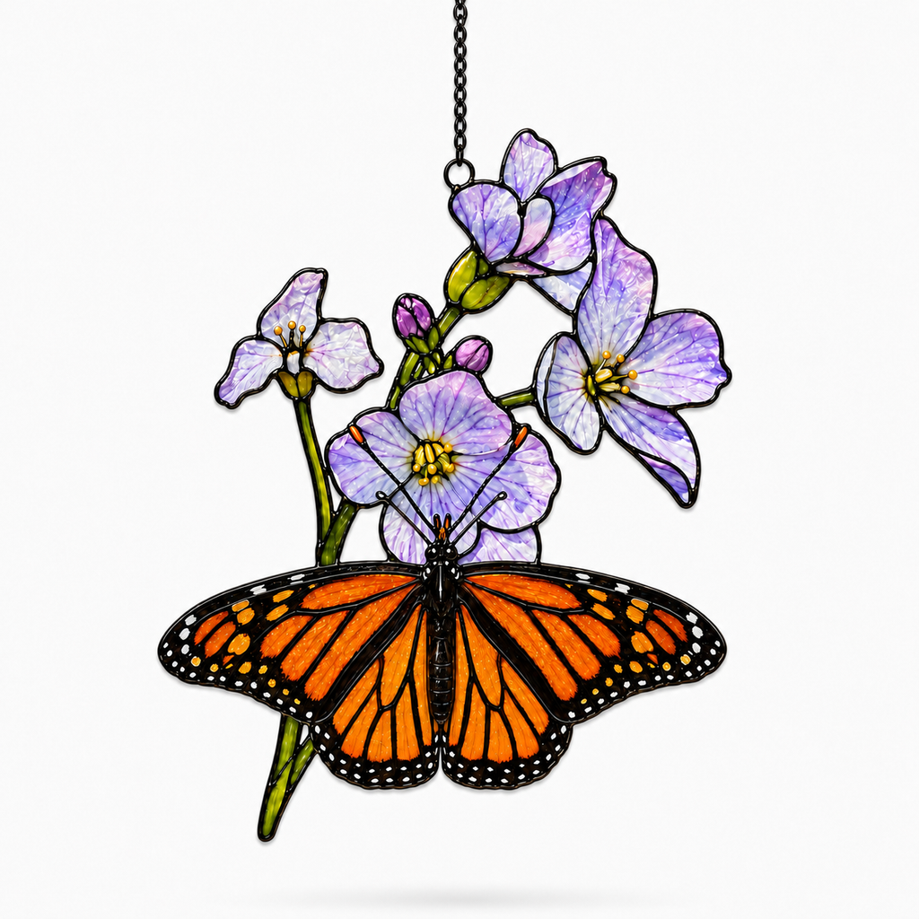 Monarch Butterfly & Purple Blossom Bouquet Holographic Acrylic Suncatcher
