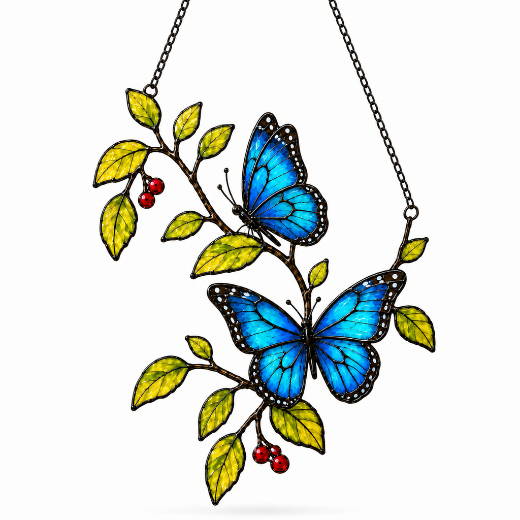 Blue Morpho Butterflies & Berry Branch Holographic Acrylic Suncatcher