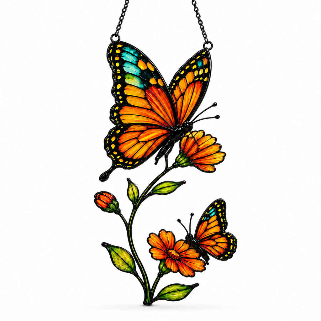 Monarch Butterfly & Orange Cosmos Holographic Acrylic Suncatcher