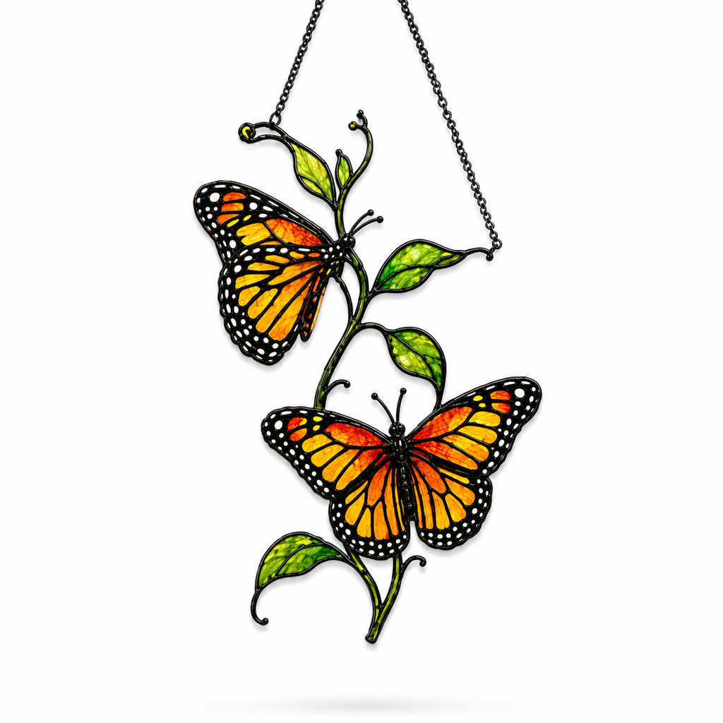 Twin Monarch Butterflies & Green Vine Holographic Acrylic Suncatcher