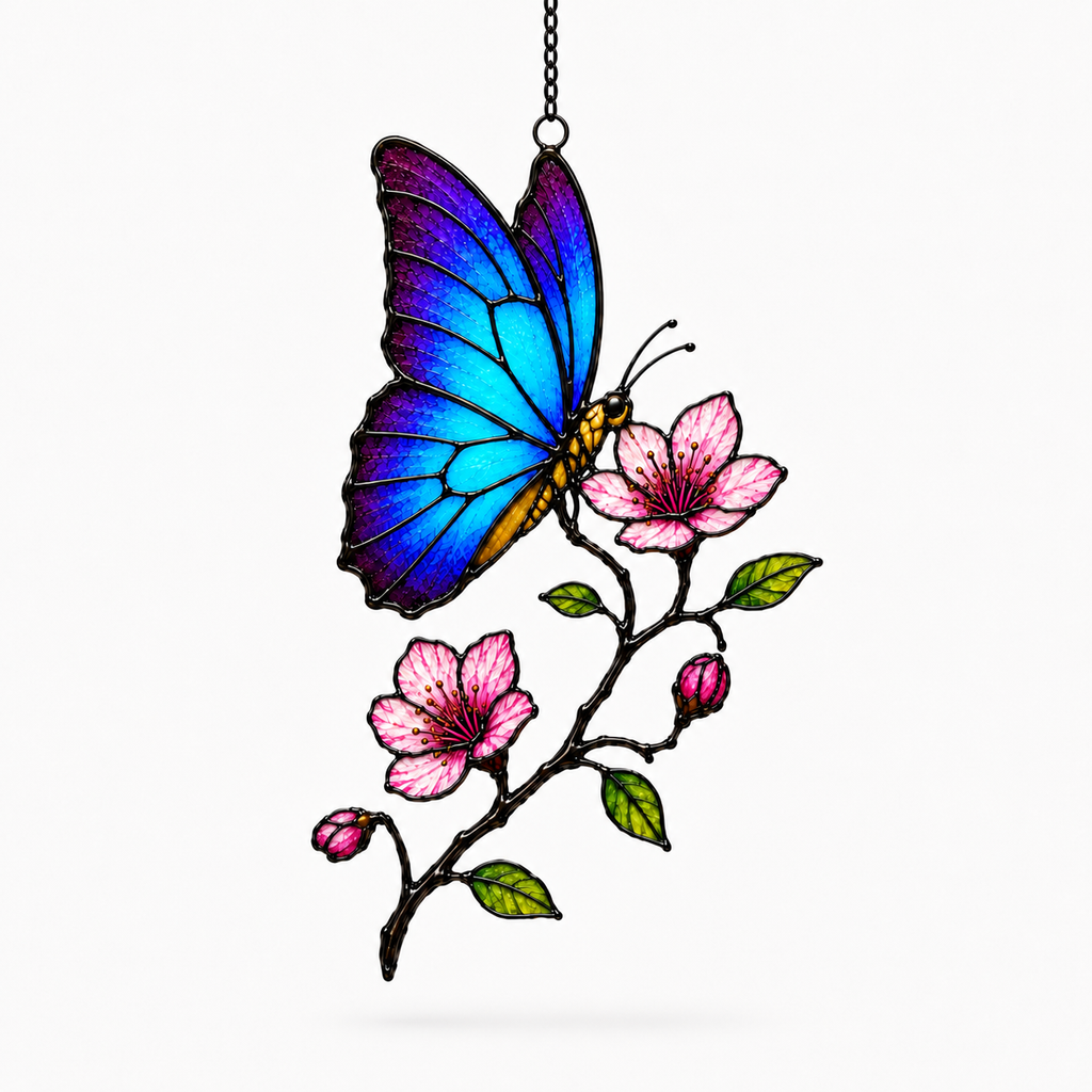 Blue Morpho Butterfly & Pink Blossom Holographic Acrylic Suncatcher