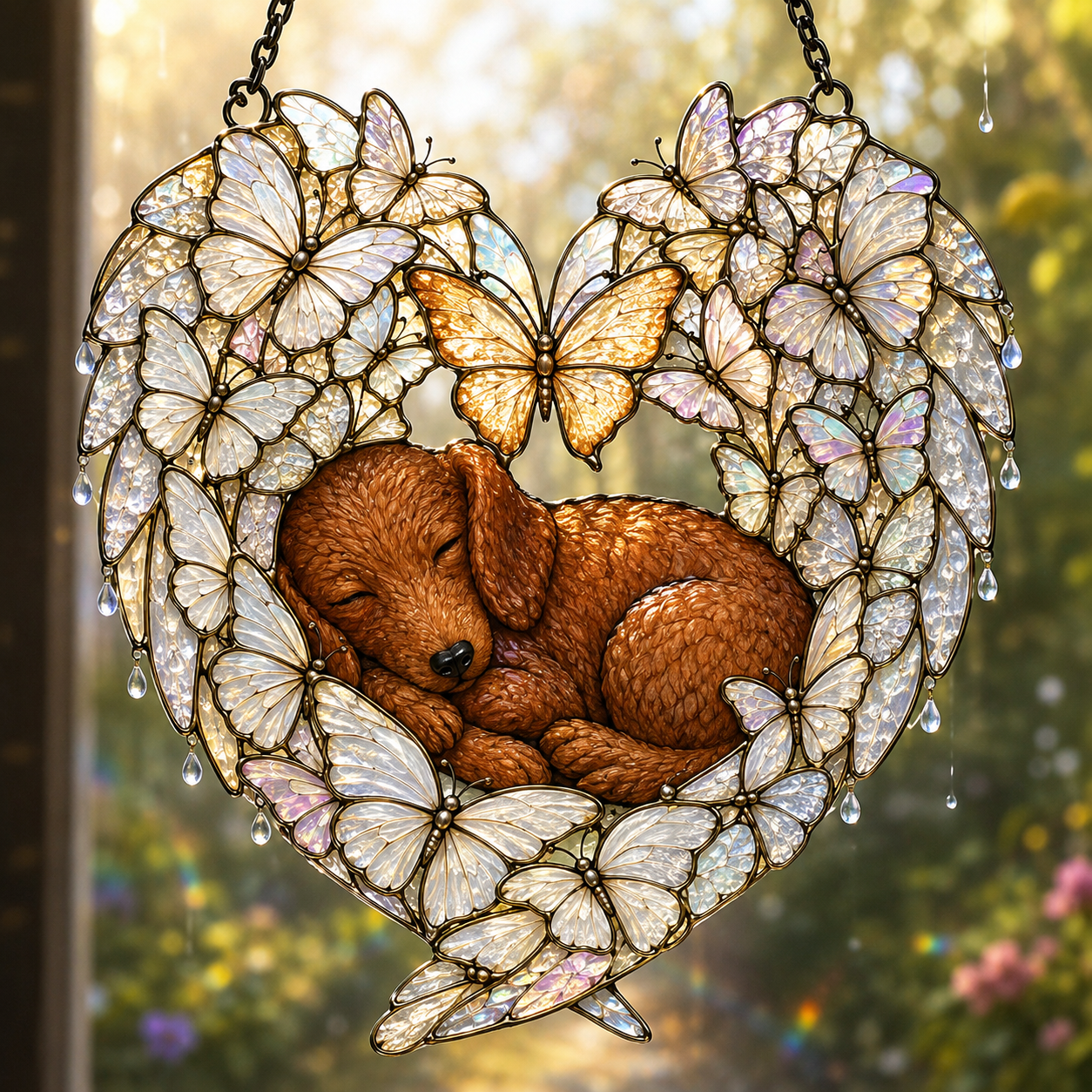 Sleeping Puppy Butterfly Heart Holographic Acrylic Suncatcher
