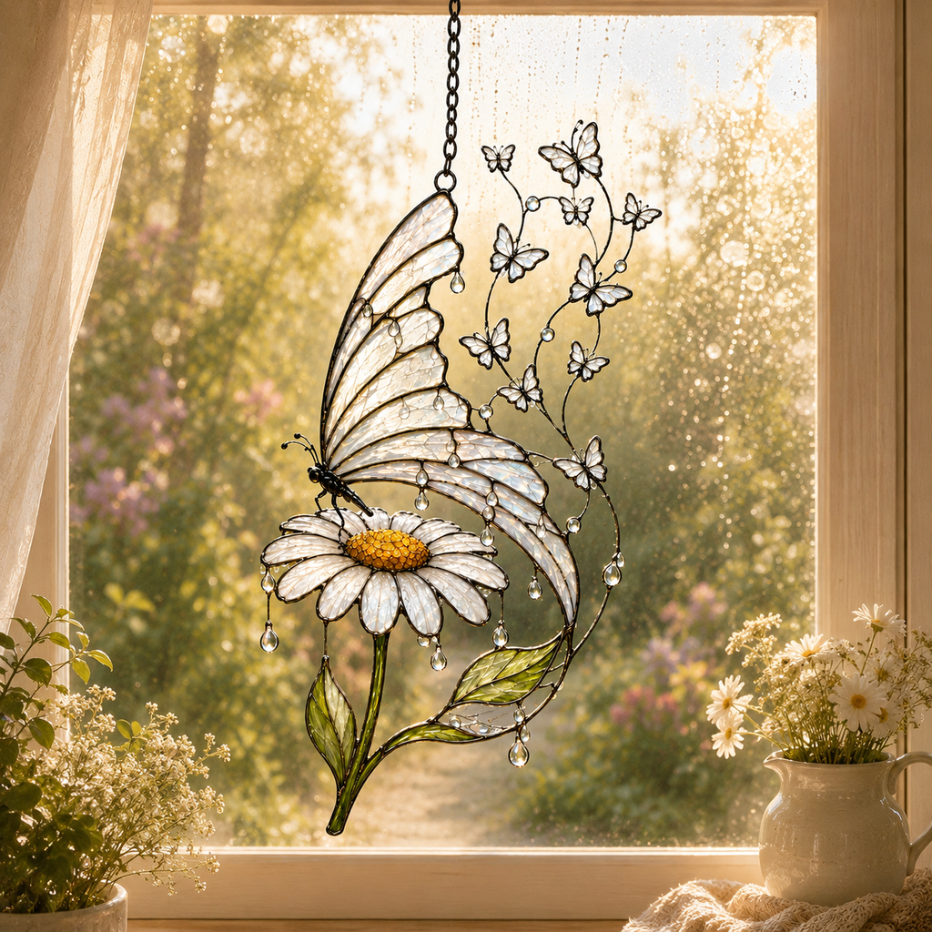 Butterfly and Daisy Holographic Acrylic Suncatcher