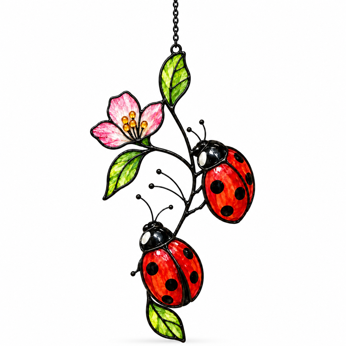 Ladybugs on Pink Blossom Branch Holographic Acrylic Suncatcher