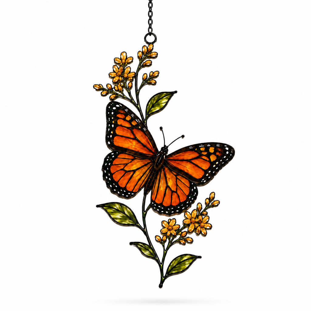 Monarch Butterfly & Yellow Wildflower Sprig Holographic Acrylic Suncatcher