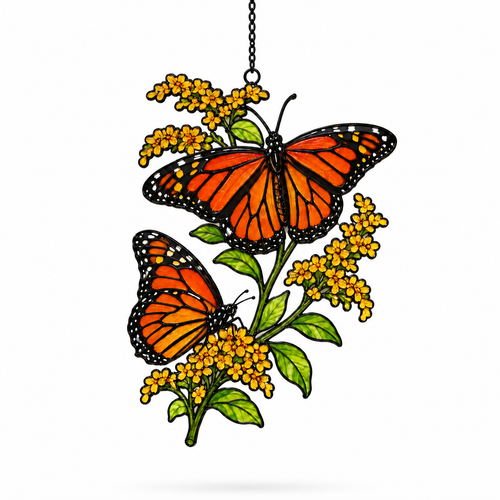 Monarch Butterflies & Golden Goldenrod Holographic Acrylic Suncatcher
