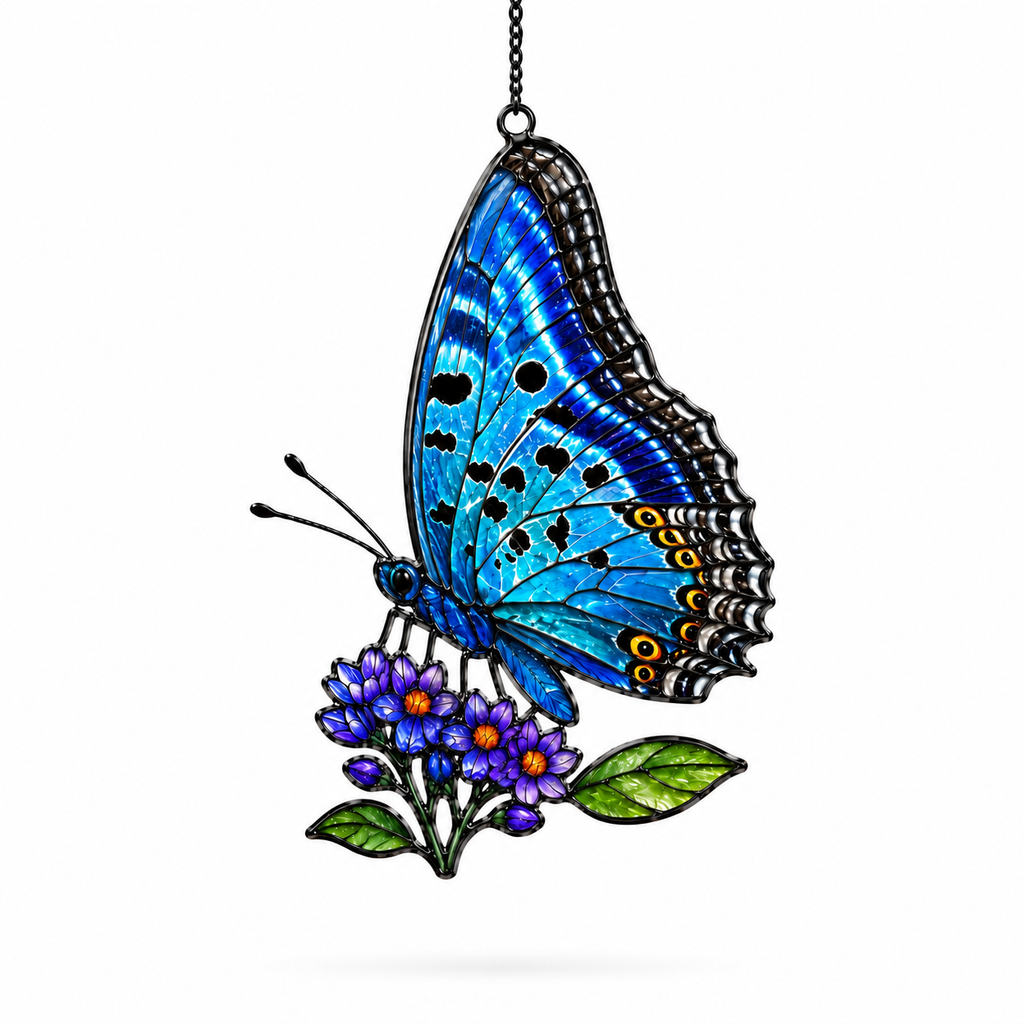 Blue Butterfly & Purple Lilac Cluster Holographic Acrylic Suncatcher