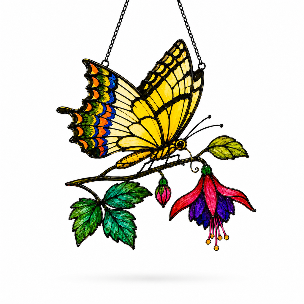 Swallowtail Butterfly & Fuchsia Bloom Holographic Acrylic Suncatcher