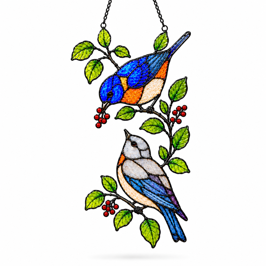 Bluebirds & Winter Berry Branch Holographic Acrylic Suncatcher