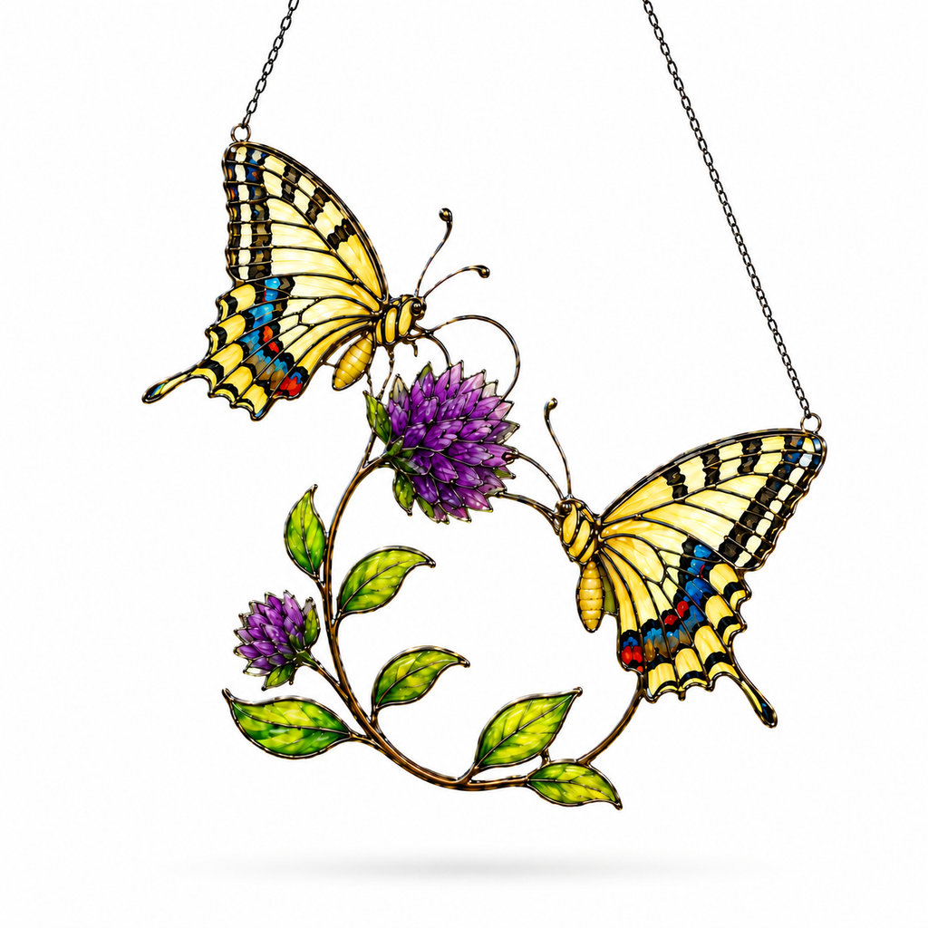 Swallowtail Butterfly Pair & Purple Clover Holographic Acrylic Suncatcher