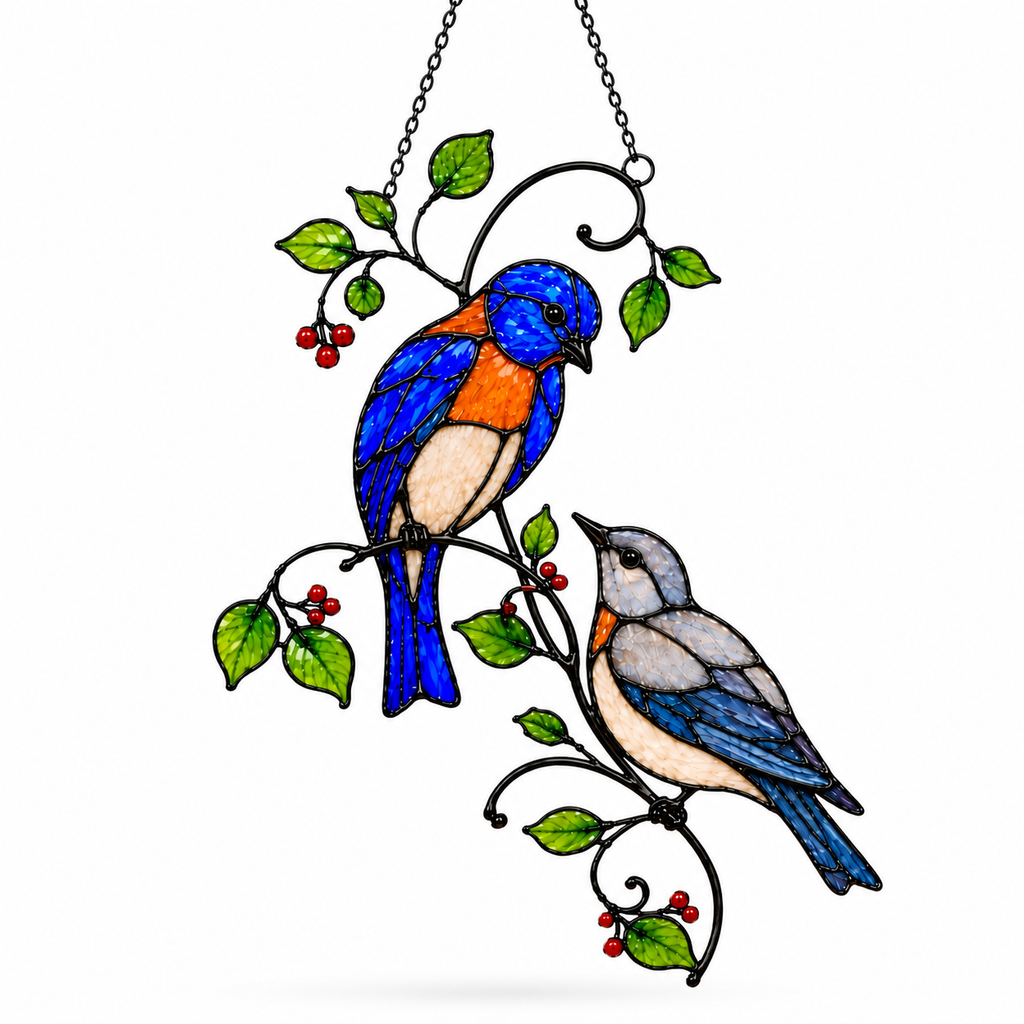Bluebird Pair & Red Berry Branch Holographic Acrylic Suncatcher