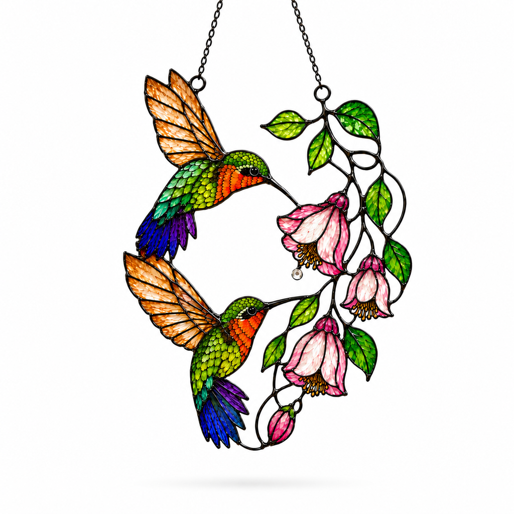 Hummingbird Pair & Pink Fuchsia Holographic Acrylic Suncatcher